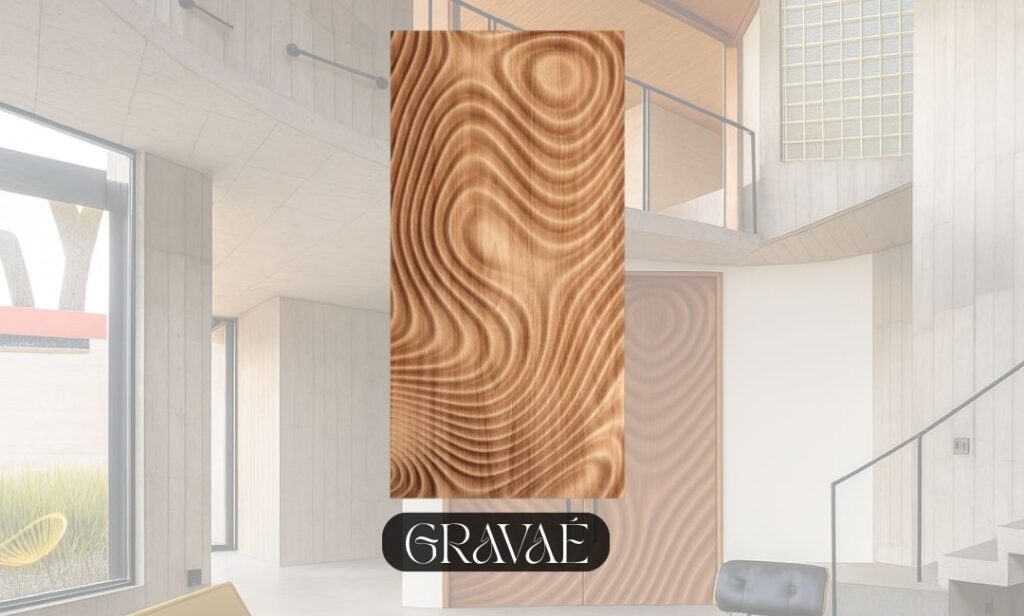 Gravaé oversized sculptural interior door featuring 3D carved wood textures with flowing patterns, crafted by a modern oversized door manufacturer FOMRA.