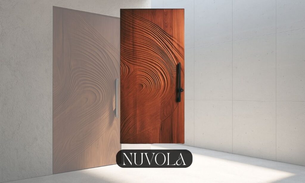 Nuvola oversized interior door in rich wood with sculptural carvings , crafted by Fomra, a modern oversized door manufacturer, FOMRA.