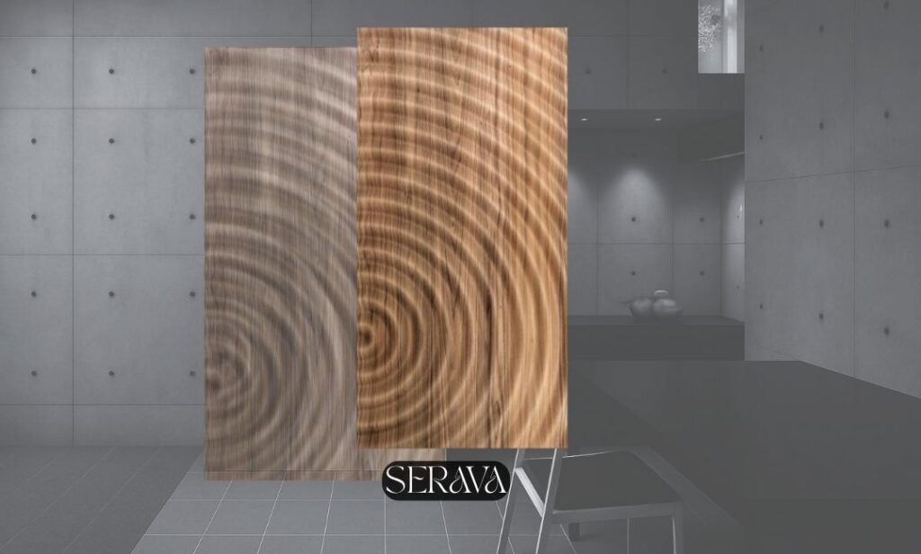 Serava Sculptural wood doors designed and manufactured by Fomra featuring a 3D carved ripple pattern inspired by water droplets in a modern interior.