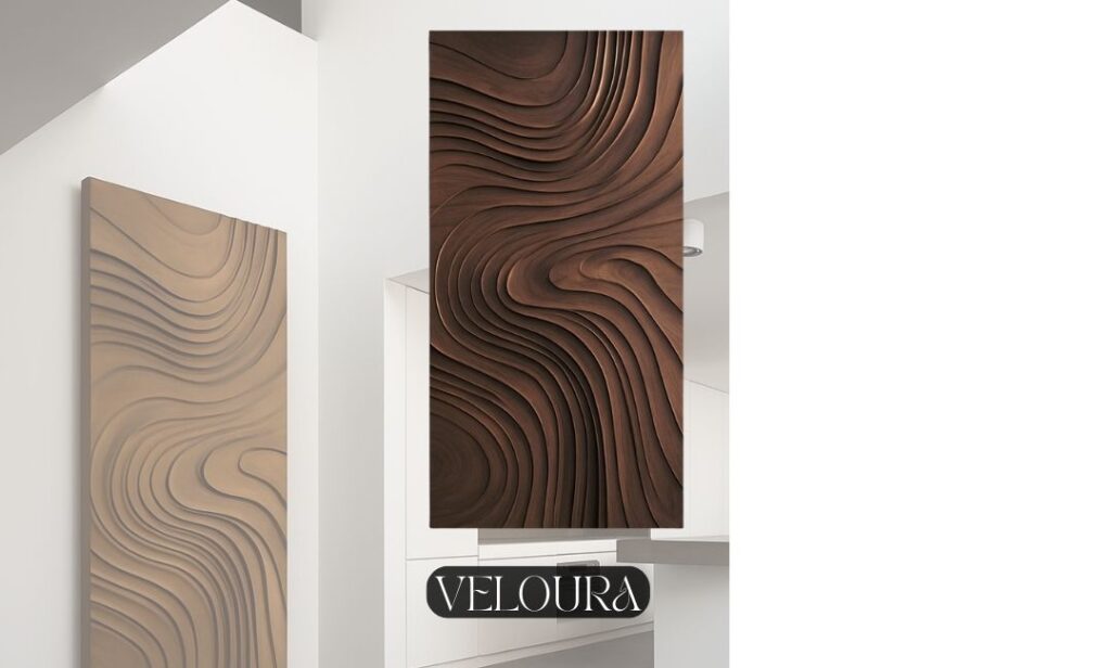 Veloura oversized sculptural interior door featuring flowing carved wood patterns, crafted by a premium oversized door manufacturer, FOMRA.