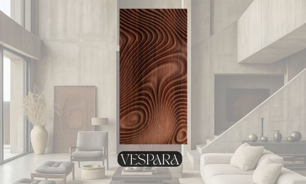 Vespara oversized sculptural interior door in rich dark wood with organic 3D carvings, crafted by a modern oversized door manufacturer Fomra.