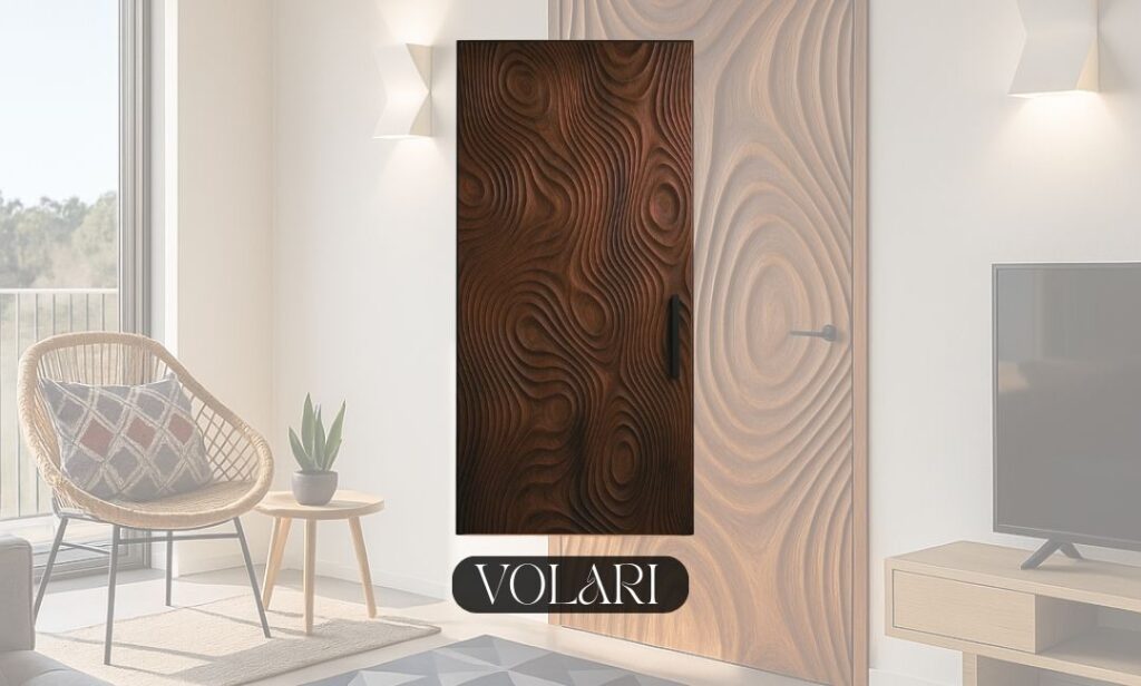Volari oversized sculptural interior door featuring topographic-inspired carved wood patterns, crafted by Fomra, a modern oversized door manufacturer.