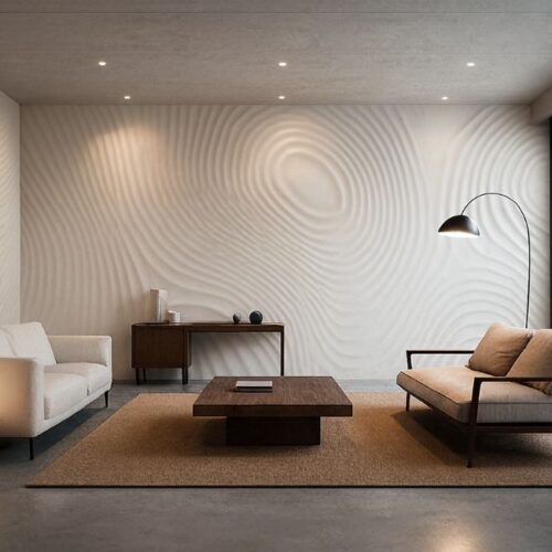 3D custom sculptural wall panels by Fomra with flowing carved patterns, featured in a modern luxury living room interior.