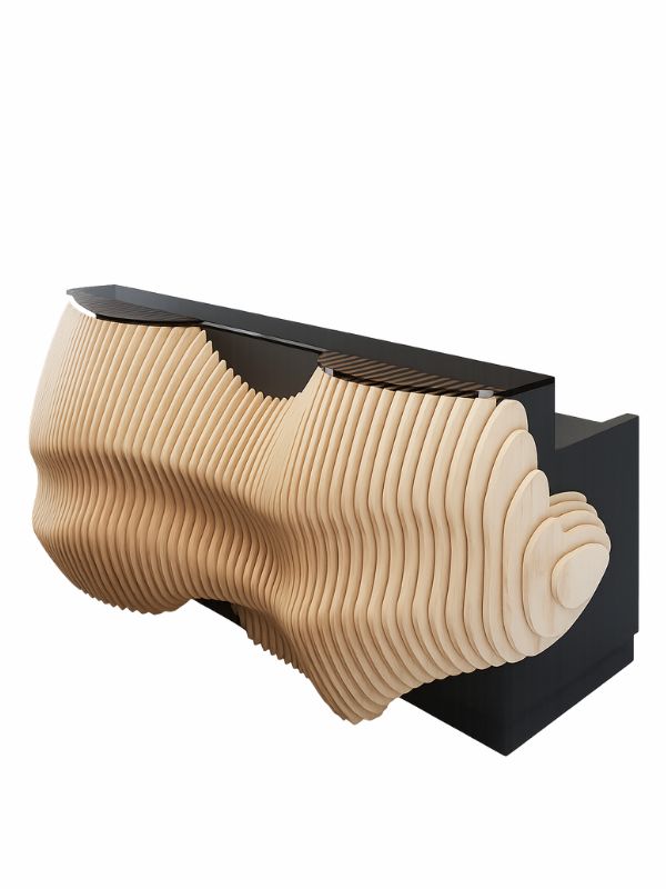 Synform Series parametric reception desk by Fomra crafted with smooth sculptural forms for modern lobby interiors in the USA and Canada.