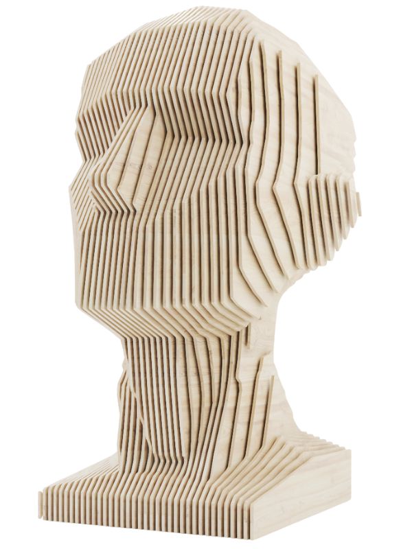 HexaFace parametric art face sculpture made from layered wood with angular geometric contours.