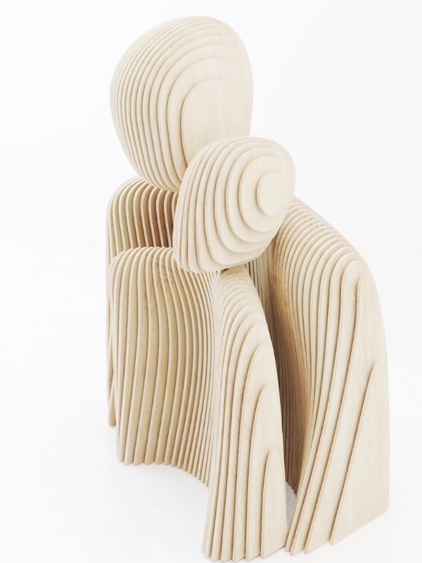 Woven Souls parametric wooden couple sculpture by Fomra crafted with layered contours for modern interiors.