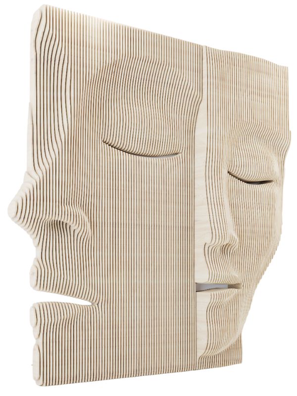 Bonded Duo parametric art face sculpture crafted from layered wood, featuring two connected faces in a modern dimensional design.