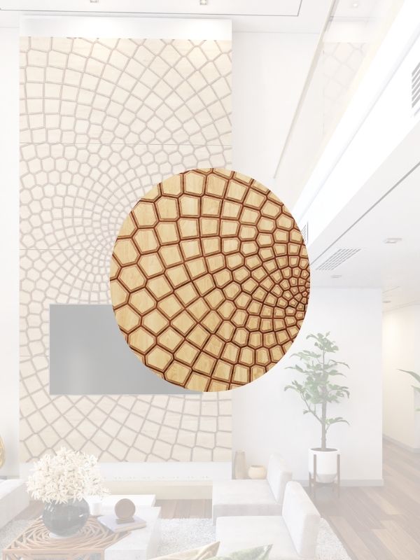 Aurex-M (PLR-01-M) precision CNC carved 3D wall panels in birch plywood with multi-ply core, offering dynamic depth, rhythmic flow, and sculptural movement for modern commercial and residential interiors. Natural birch grain variations create unique layered relief. Crafted by Fomraworks | fomraworks.com.